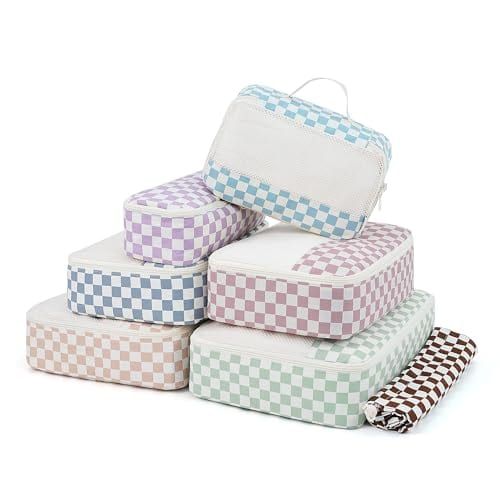 Narwey 7 Set Checkered Packing Cubes for Travel Kids Women, Durable Packing Organizer Bags for Carry on Suitcase Luggage Travel Essentials Accessories (Combined Checkerboard)