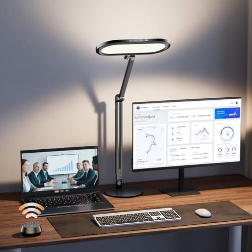 Premium LED Desk Lamp for Home Office - Eye-Caring Double Side Light with Knob Remote, Stepless Dimming & Color, Memory, Metal Table Lamp for Zoom, Studying, Video Conference, Flicker-Free, Glare-Free