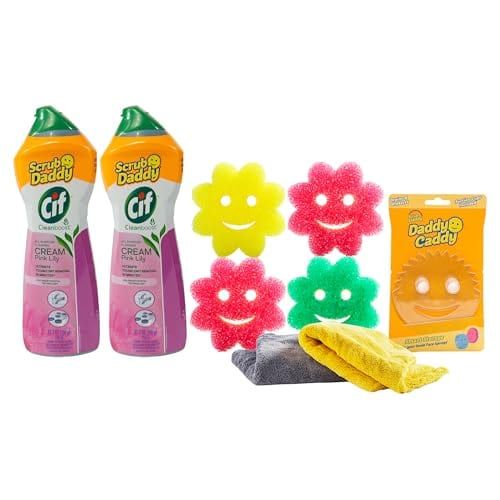 Scrub Daddy Cleaning Supplies Kit - Cif Floral Bundle - Includes Scrub Mommy Dish Sponges, Microfiber Towels, Kitchen Sink Caddy & Cif Cream All Purpose Cleaner, Pink Lilly (9 Count)