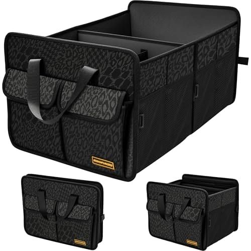 SIBOFUEGO Sturdy Car Trunk Organizer - Large Capacity Trunk Organizer for SUVs & Sedans, Hard-Shell One-Piece Design with Cute Print, Collapsible and Durable Car Organizers (Black Leopard 70L)